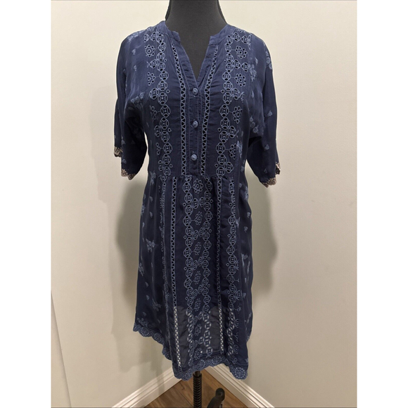 Johnny Was Dress Womens XS Blue Embroidered Silk Boho Floral V Neck - Picture 1 of 6